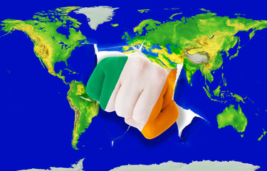 Fist in color  national flag of ireland    punching world map