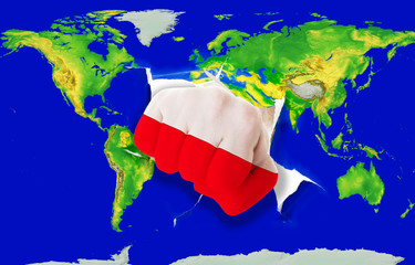Fist in color  national flag of poland    punching world map