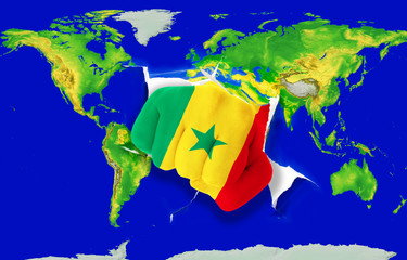 Fist in color  national flag of senegal    punching world map