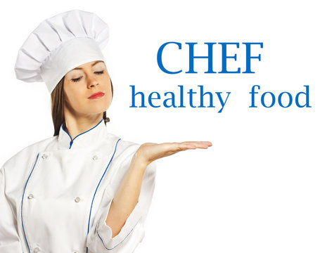 Happy chef holding an open hand. your text here