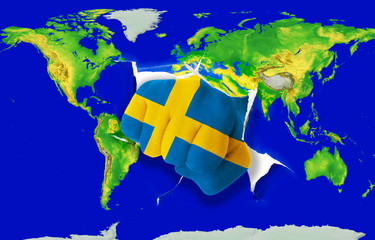Fist in color  national flag of sweden    punching world map