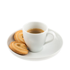 Cup of coffee with butter cookies isolated