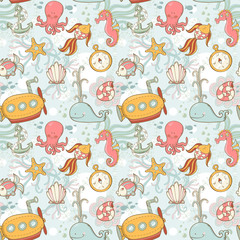 Underwater creatures cute cartoon seamless pattern © Yuzach