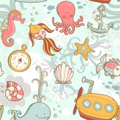 Obraz premium Underwater creatures cute cartoon seamless pattern