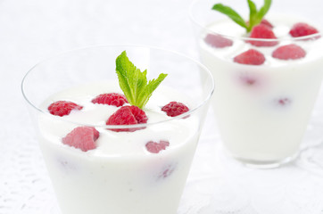 close-up of panna cotta with fresh raspberries