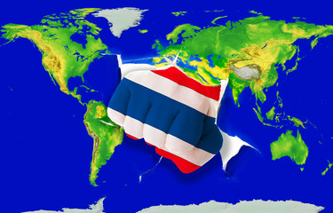 Fist in color  national flag of thailand    punching world map