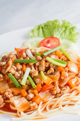 pasta with meat, tomato sauce