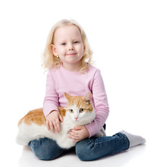 girl playing with cat. looking at camera. isolated on white 