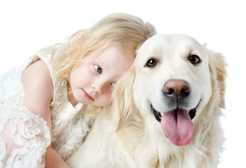 close up Golden Retriever and girl. looking at camera. isolated