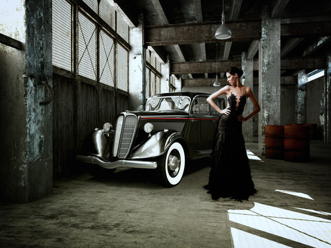 chice frau in einer halle mit oldtimer