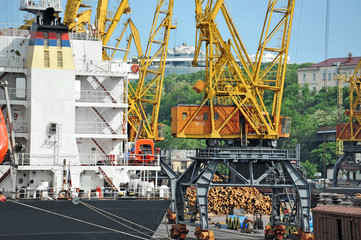 Bulk cargo ship under port crane bridge, Odessa, Ukraine
