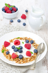 homemade granola with yogurt, raspberries, blueberries, vertical