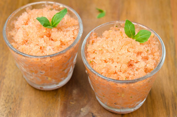 tomato sorbet with basil in a glass horizontal top view