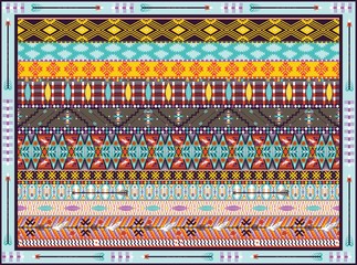 Seamless colorful geometric tribal rug with birds