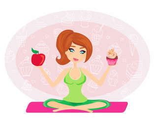 girl choosing between an apple and a cupcake