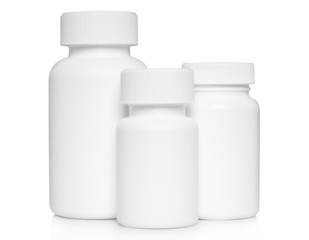 White medical containers on white background .
