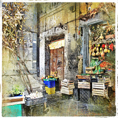 Fototapety  Neapol, Włochy - stare uliczki z małym sklepem, artystyczny obraz
