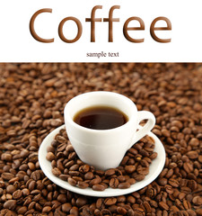 Cup of coffee on coffee beans background