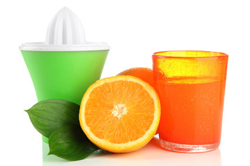 Citrus press, glass of juice and ripe oranges, isolated on