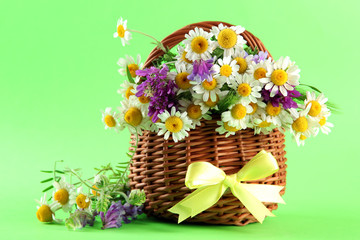 Beautiful wild flowers in basket, on green background