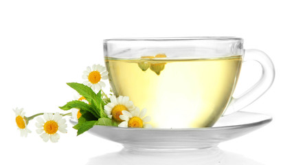 Cup of herbal tea with wild camomiles and mint, isolated