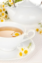 Cup of herbal tea with camomiles close up