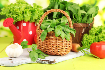 Fresh herb in basket on wooden table on natural background