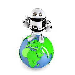 Androi Robot on top of the green earth globe.