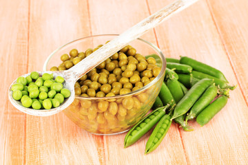 Green peas on wooden background