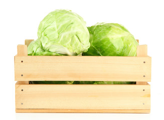Green cabbage in wooden box, isolated on white