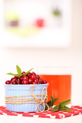 Glass of cranberry juice and ripe red cranberries in bowl