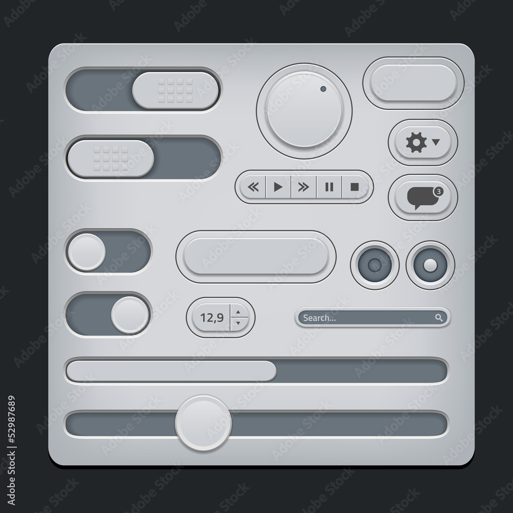 Poster set of gray ui web elements - sliders, switch, buttons etc.