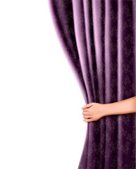 Background with violet velvet curtain and hand. Vector illustrat