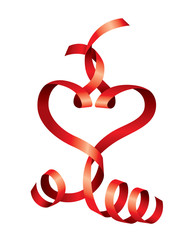 Vector satin hearts of red ribbons on white background