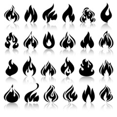 Fire flames, set icons with reflection