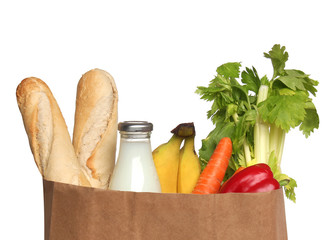 Paper bag with food. White background