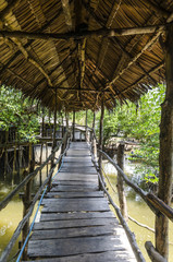 Wooden bridge with a roof in Thailand