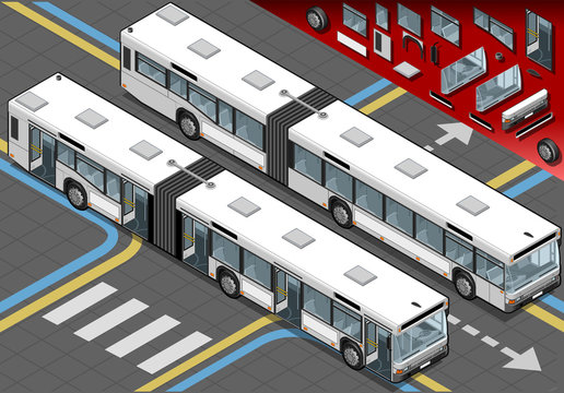 Isometric Long Bus in Front View with open doors