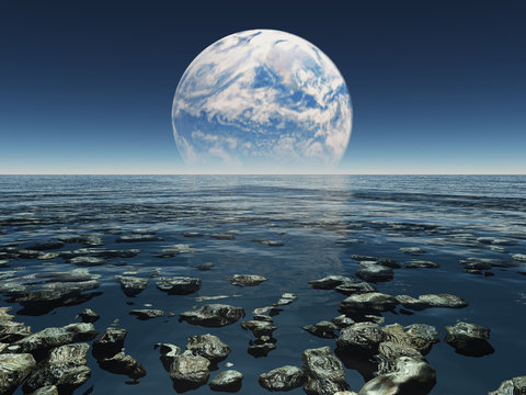 Rocky Watery Landscape with planet or earth with terraformed moo