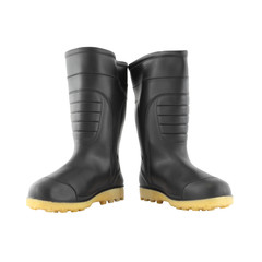 Expanded pair rubber black boot shoes on white background.