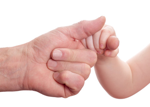 baby hand hold father finger on white