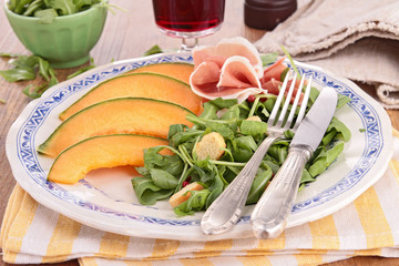 plate of fresh salad with melon,ham and lettuce
