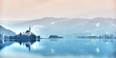 dreamy church maria-Wörth on island in lake wörthersee