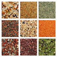 Collage of colorful sand samples