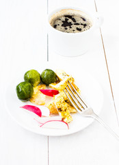 Fresh Farmer breakfast with fried eggs, coffee, milk and vegetab
