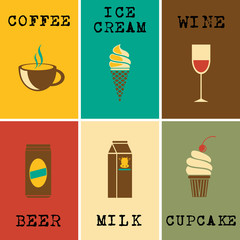 set of colorful posters with desserts