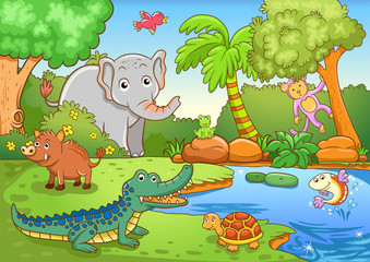 animals in forest.