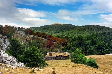 Fototapeta premium A house in mountain with trees and blue sky