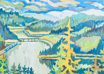 colorful dam landscape - original painting oil on wood