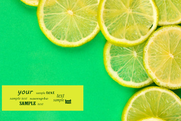 Lime slices frame on color background